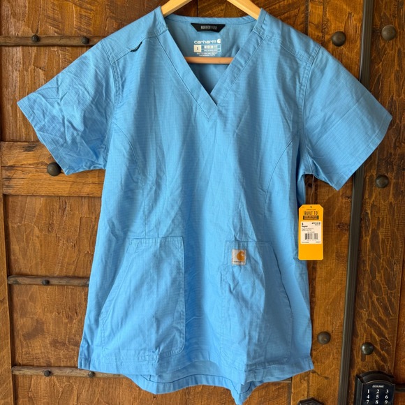 Carhartt Tops - Carhartt Scrub Top Womens S Light Blue Rugged Flex V-Neck Ripstop Pockets C12118